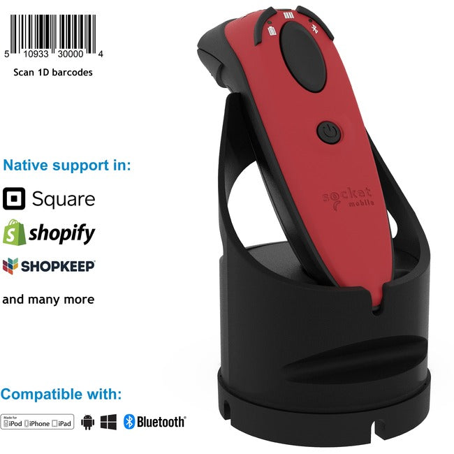 Socket Mobile DuraScan&reg; D730, Laser Barcode Scanner, Red & Charging Dock CX3778-2538