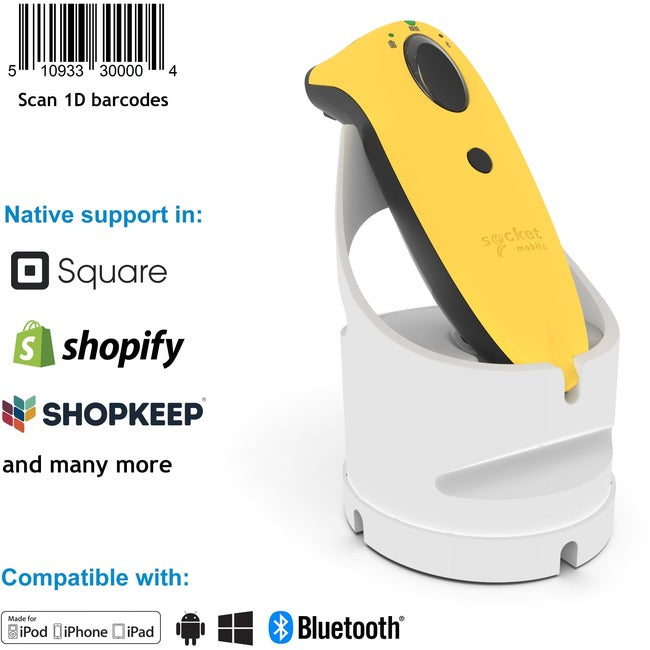 Socket Mobile Socketscan&Reg; S730, Laser Barcode Scanner, Yellow & White Charging Dock
