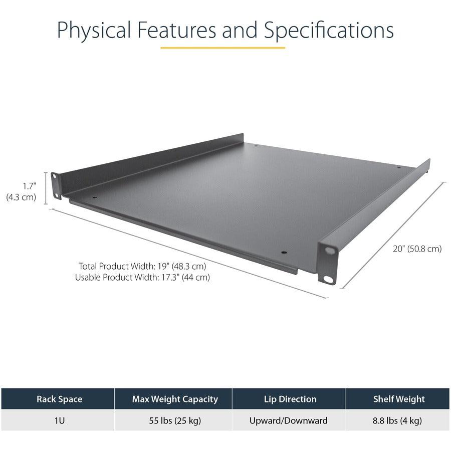 Startech.Com 1U Server Rack Shelf - Universal Rack Mount Cantilever Shelf For 19" Network Equipment Rack & Cabinet - Durable Design - Weight Capacity 55Lb/25Kg - 20" Deep Tray