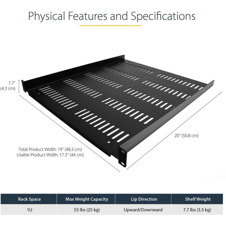 Startech.Com 1U Server Rack Shelf - Universal Vented Rack Mount Cantilever Tray For 19" Network Shelf-1U-20-Fixed-V