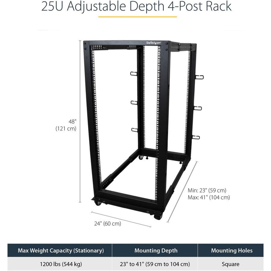 Startech.Com 25U Open Frame Server Rack - 4 Post Adjustable Depth (23" To 41") Network Equipment Rack W/ Casters/ Levelers/ Cable Management (4Postrack25U)
