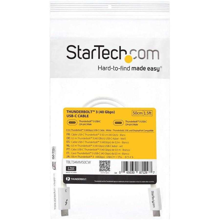 Startech.Com Thunderbolt 3 Cable - 40Gbps - 0.5M - White - Thunderbolt, Usb, And Displayport Compatible