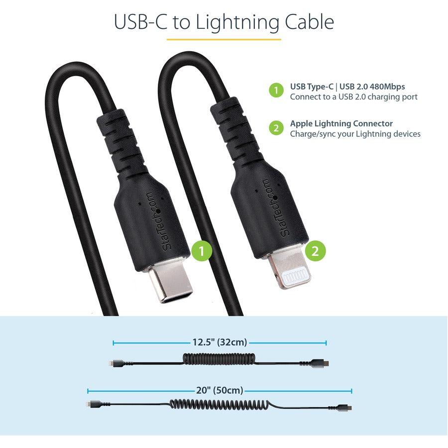 Startech.Com Usb C To Lightning Cable 20In / 50Cm, Mfi Certified, Coiled Iphone Charger Cable,