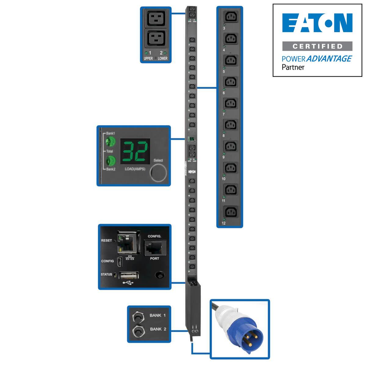Switched PDU 7.7kW LX Platform - 0U Network Management Remote Monitoring | TecISoft PDUMV32HVNETLX