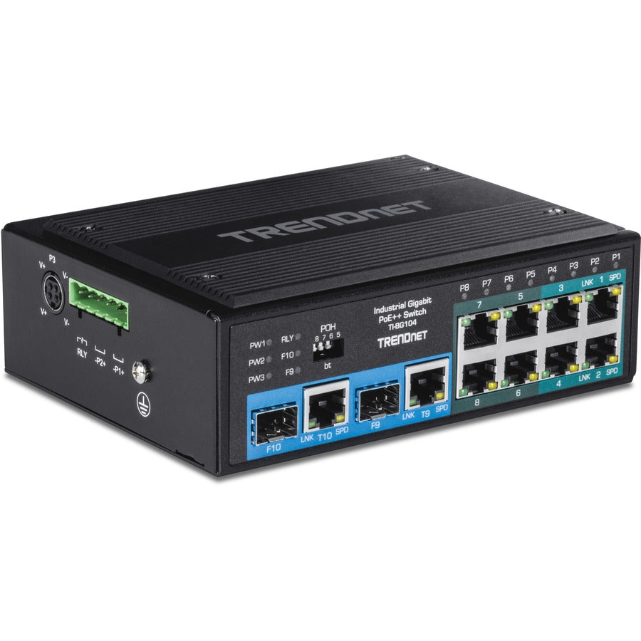 TRENDnet 10-Port Hardened Industrial Unmanaged Gigabit PoE ++ DIN-Rail Switch, 4 Gigabit PoE++ Ports, 4 Gigabit PoE+, 2 Gigabit Share Ports SFP or RJ-45, 360W Power Budget, Black, TI-BG104