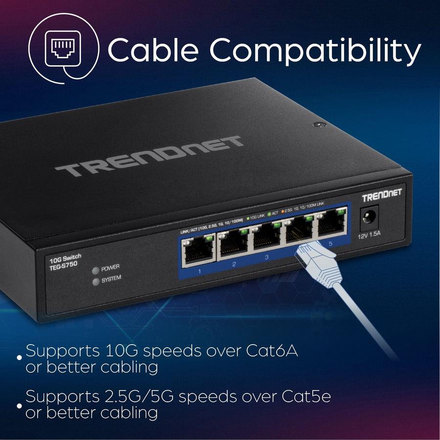 TRENDnet 5-Port 10G Switch, 5 x 10G RJ-45 Ports, 100Gbps Switching Capacity, Supports 2.5G and 5G-BASE-T Connections, Lifetime Protection, Black, TEG-S750