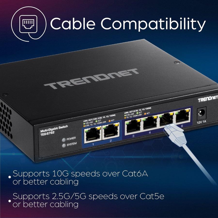 TRENDnet 6-Port 10G Switch, 4 x 2.5G RJ-45 Base-T Ports, 2 x 10G RJ-45 Ports, 60Gbps Switching Capacity, Wall Mountable, 10 Gigabit Network Connections, Lifetime Protection, Black, TEG-S762
