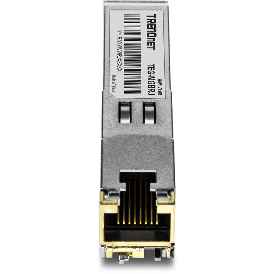 TRENDnet SFP to RJ45 1000BASE-T Copper SFP Module; TEG-MGBRJ; 100m (328 Ft.); RJ45 Connector; Hot Pluggable; Supports Data Rates Up to 1.25Gbps; IEEE 802.3ab Gigabit Ethernet; Lifetime Protection