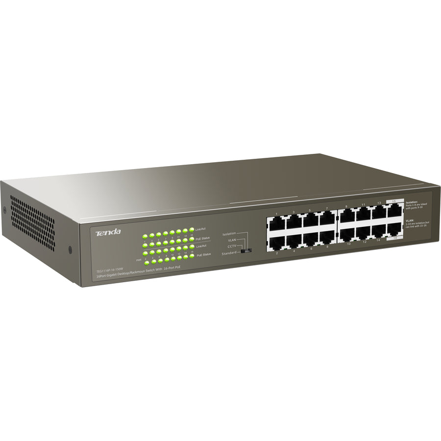 Tenda 1000M&PoE 16-Port Gigabit Ethernet Switch with 16-Port PoE TEG1116P-16-150W