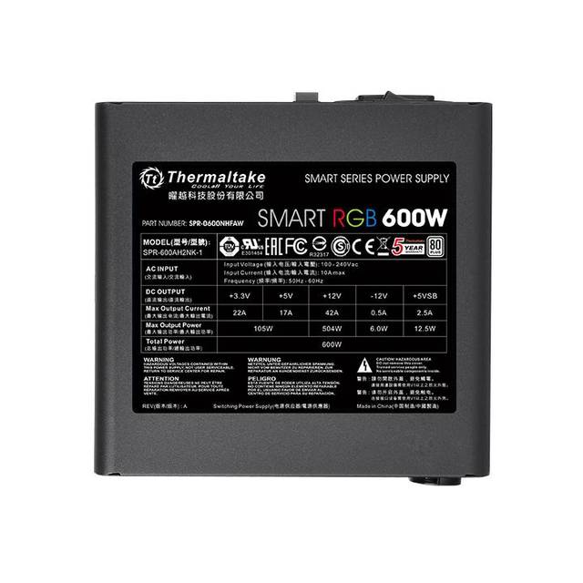 Thermaltake Smart Rgb Ps-Spr-0600Nhfawu-1 600W 80 Plus Atx12V 2.3 Power Supply W/ Active Pfc (Black)