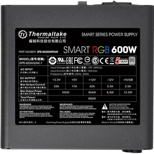 Thermaltake Smart Rgb Ps-Spr-0600Nhfawu-1 600W 80 Plus Atx12V 2.3 Power Supply W/ Active Pfc (Black)