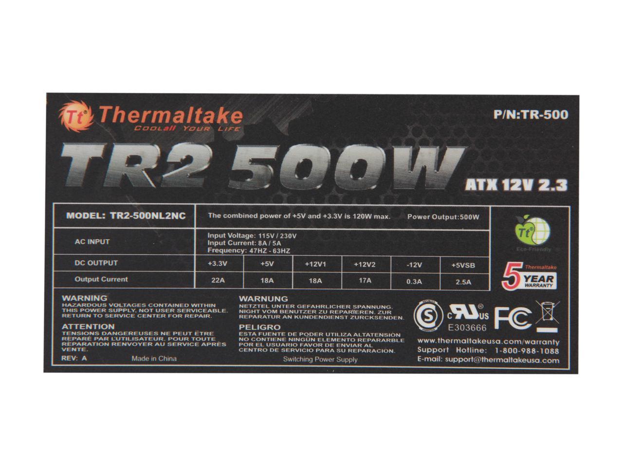 Thermaltake Tr-500 Tr2 500W Atx12V V2.3 Power Supply (Core I7 & Core I5 Ready)