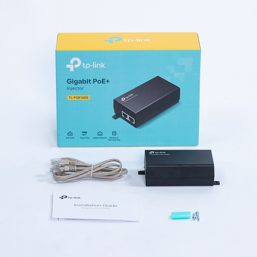TP-LINK TL-PoE160S - 802.3at/af Gigabit PoE Injector - Non-PoE to PoE Adapter - Supplies PoE (15.4W) or PoE+ (30W) - Plug & Play - Desktop/Wall-Mount - Distance Up to 328 ft. - UL Certified - Black