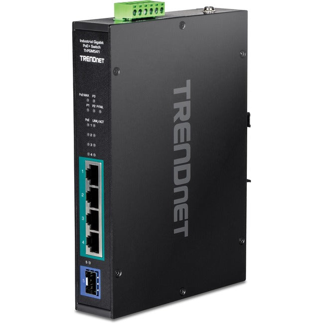 Trendnet 5-Port Industrial Gigabit Poe+ Switch, Extreme Temperature Range -20&Deg; - 65&Deg;C (-4&Deg; - 149&Deg;F), Din-Rail Switch, 50-55V Dc, 4 X Gigabit Poe+ Ports, 1 X Gigabit Sfp Slot, Ti-Pgm541, Black