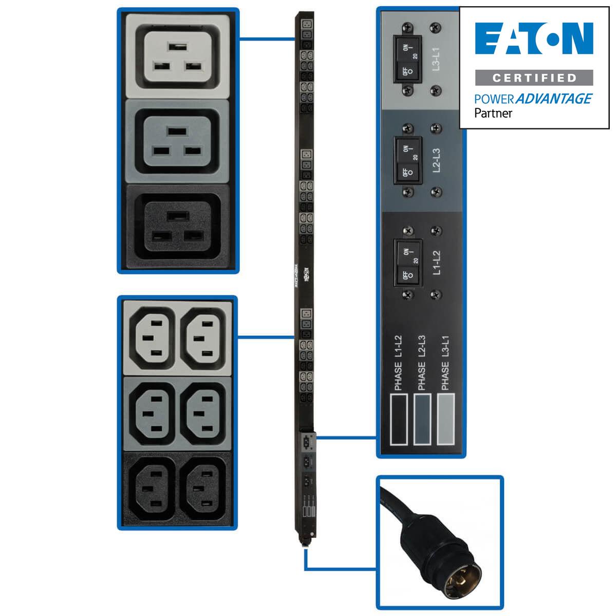 Tripp Lite 12.6Kw 208V 3-Phase Basic Pdu - 45 Outlets (36 C13, 9 C19), Hubbell 50A Cs8365C Input, 6 Ft. Cord, 70 In. 0U, Taa