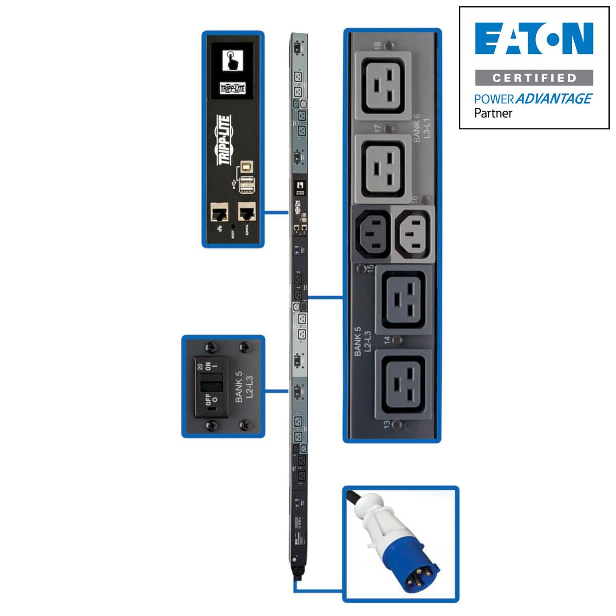 Tripp Lite 16.2Kw 3-Phase Switched Pdu - 6 C13 & 12 C19 Outlets, Iec 309 60A Blue, 0U, Outlet Monitoring, Taa