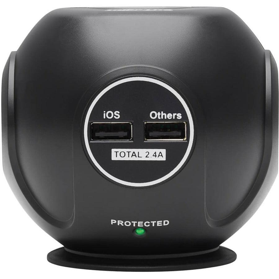 Tripp Lite 3-Outlet Spherical Surge Protector, 4 Usb Ports (4.8A Shared) - 6-Ft. (1.83 M) Cord, 5-15P Plug, 540 Joules, Black