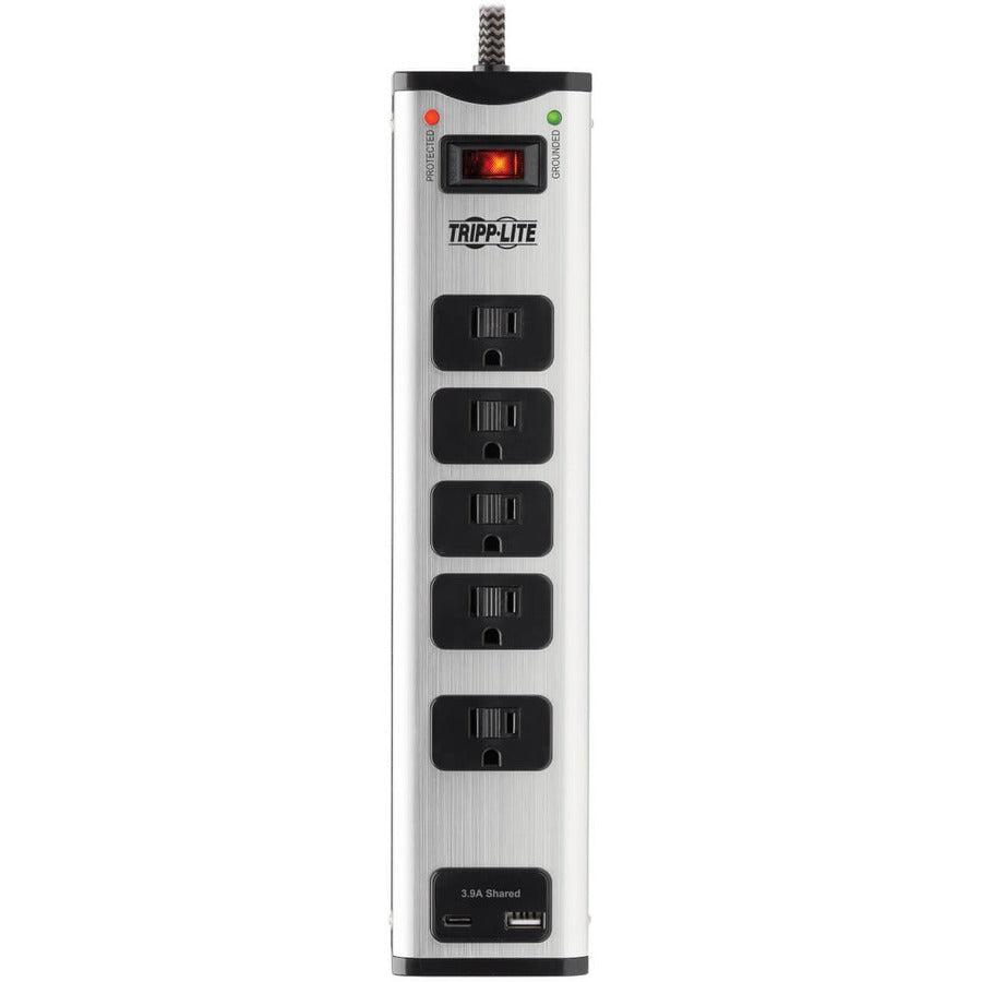 Tripp Lite 5-Outlet Surge Protector With 1 Usb-A And 1 Usb-C (3.9A Shared) - 6 Ft. Cord, 2100 Joules, Metal Housing