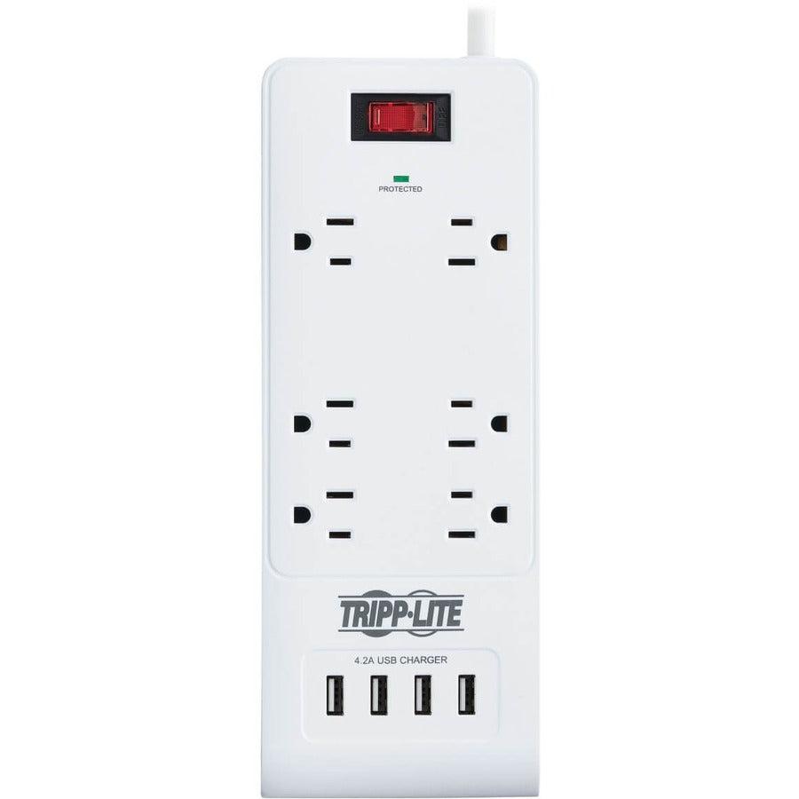 Tripp Lite 6-Outlet Surge Protector With 4 Usb Ports (4.2A Shared) - 15 Ft. (4.57 M) Cord, 5-15P Plug, 900 Joules, White