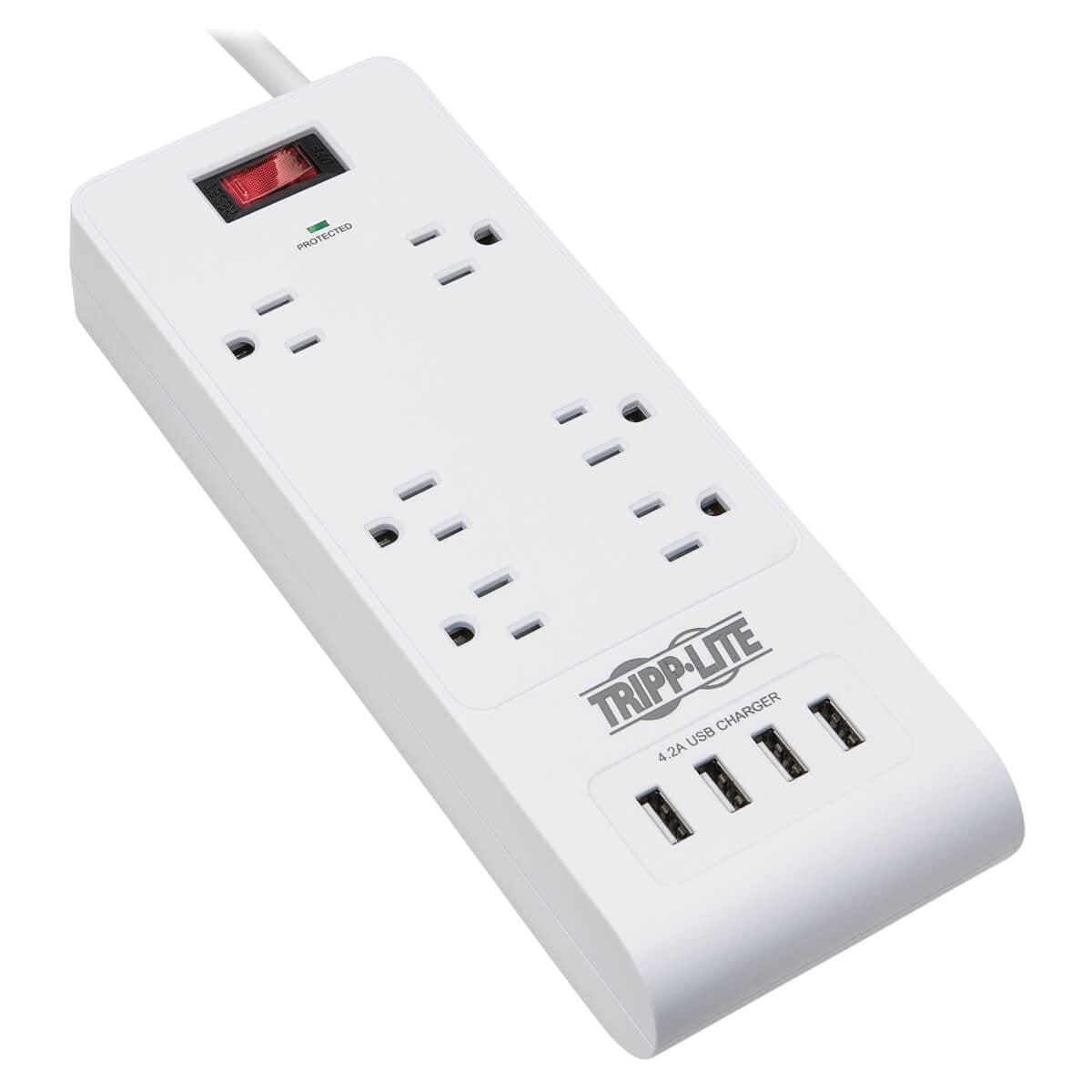 Tripp Lite 6-Outlet Surge Protector With 4 Usb Ports (4.2A Shared) - 15 Ft. (4.57 M) Cord, 5-15P Plug, 900 Joules, White