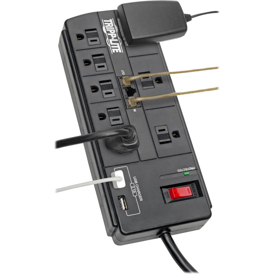 Tripp Lite 8-Outlet Surge Protector With 2 Usb Ports (2.1A Shared) - 8 Ft. Cord, 1200 Joules, Tel/Modem, Black
