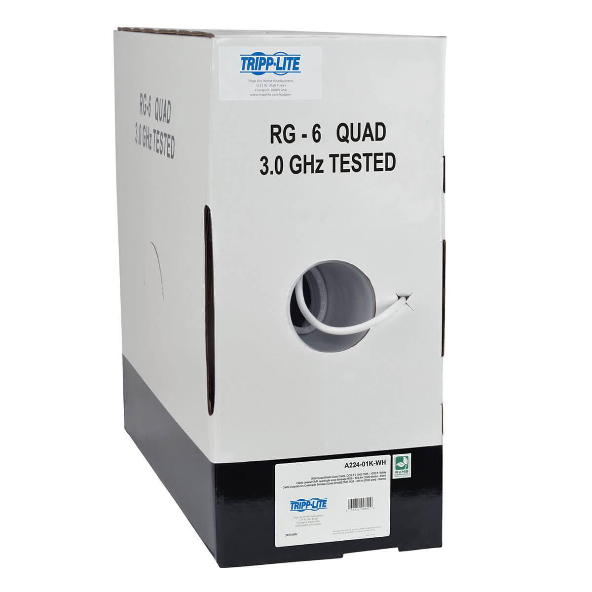 Tripp Lite A224-01K-Wh Rg6/U Quad-Shield Cmr-Rated Coaxial Cable, White, 1000 Ft. (304.8 M)