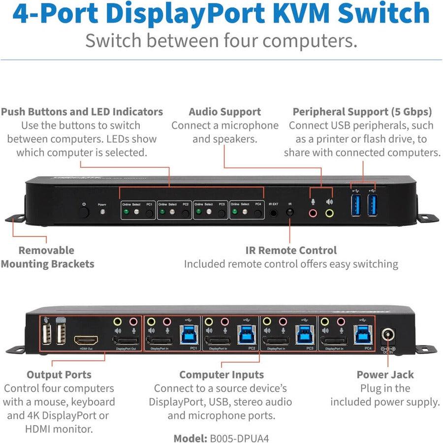Tripp Lite B005-Dpua4 4-Port Displayport/Usb Kvm Switch - 4K 60 Hz, Hdr, Hdcp 2.2, Ir, Dp 1.4, Usb Sharing