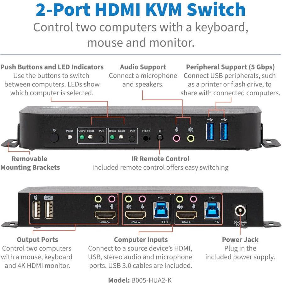Tripp Lite B005-Hua2-K 2-Port Hdmi/Usb Kvm Switch - 4K 60 Hz, Hdr, Hdcp 2.2, Ir, Usb Sharing, Usb 3.0 Cables
