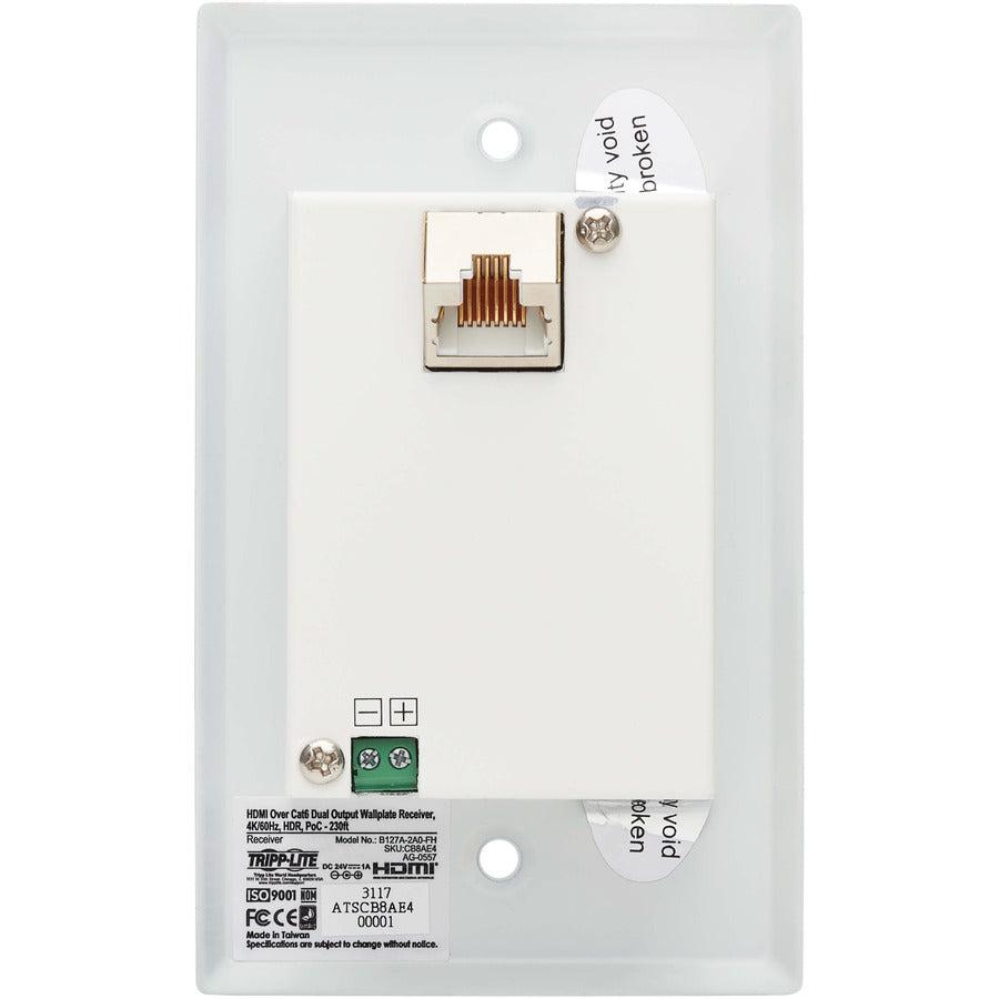 Tripp Lite B127A-2A0-Fh 2-Port Hdmi Over Cat6 Receiver, Wall Plate - 4K 60 Hz, Hdr, 4:4:4, Poc, Hdcp 2.2, 230 Ft. (70.1 M), Taa