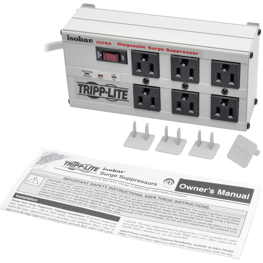 Tripp Lite Isobar 6-Outlet Surge Protector, 6 Ft. Cord With Right-Angle Plug, 3330 Joules, Diagnostic Leds, Metal Housing
