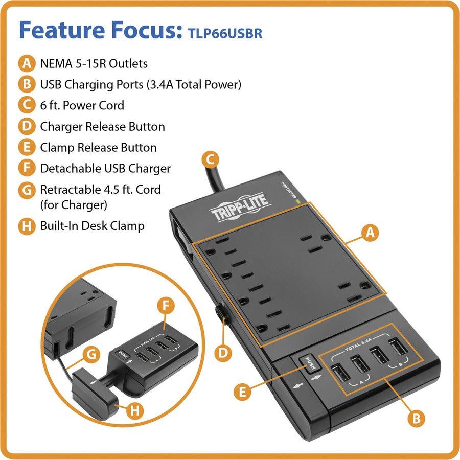 Tripp Lite Protect It! 6-Outlet Surge Protector, 4 Usb Ports, 6 Ft. Cord, 1080 Joules, Diagnostic Led, Black Housing