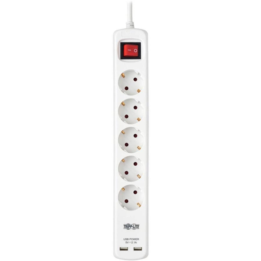 Tripp Lite Ps5G3Usb 5-Outlet Power Strip With Usb-A Charging - Schuko Outlets, 220-250V, 16A, 3 M Cord, Schuko Plug, White