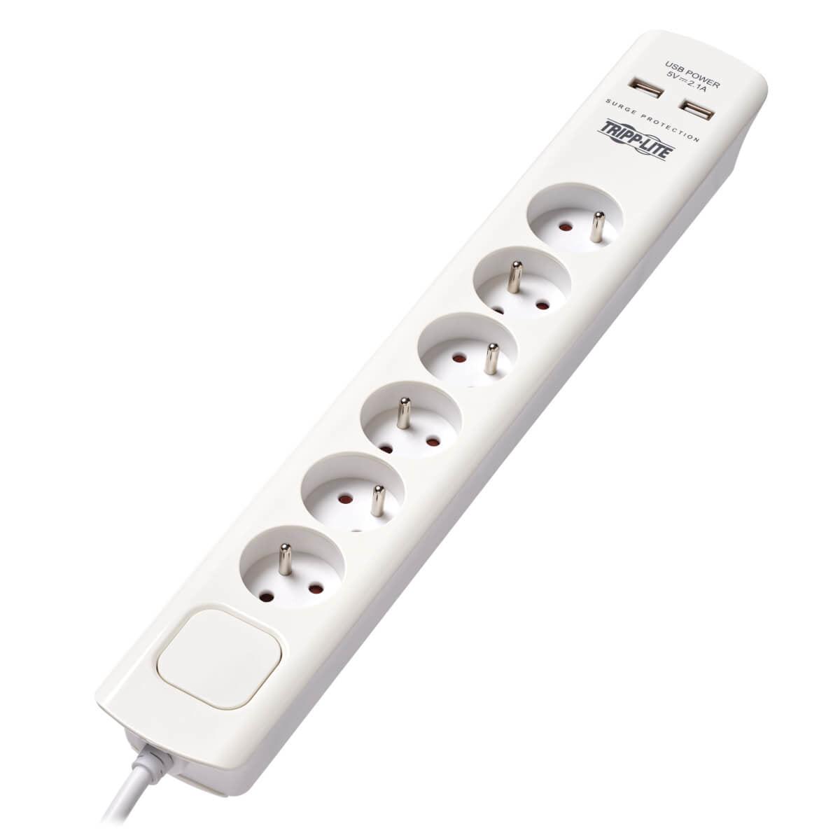Tripp Lite Tlp6F18Usb 6-Outlet Surge Protector With Usb Charging - French Type E Outlets, 220-250V, 16A, 1.8 M Cord, Type E Plug, White