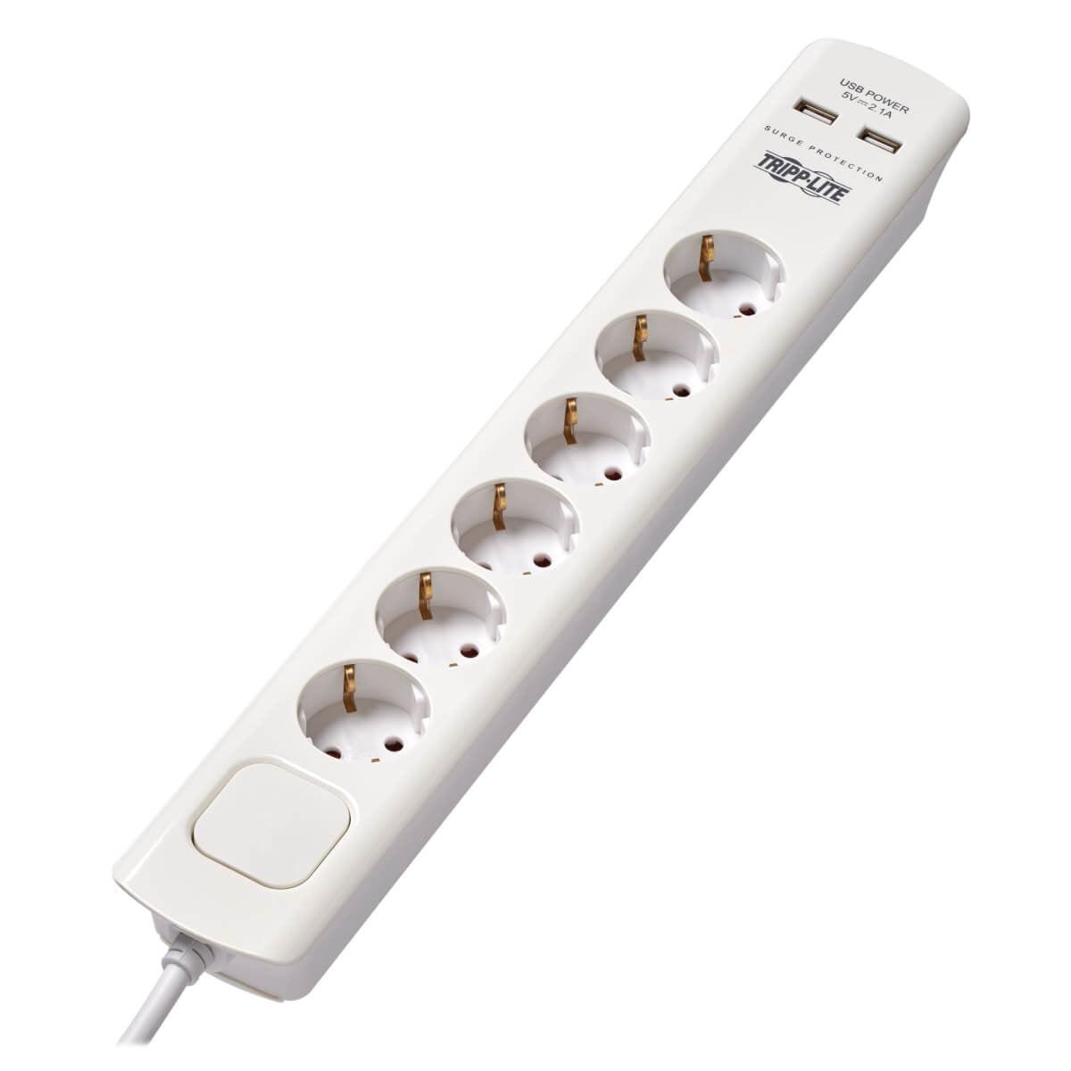 Tripp Lite Tlp6G18Usb 6-Outlet Surge Protector With Usb Charging - German Type F Schuko Outlets, 220-250V, 16A, Schuko Plug, White
