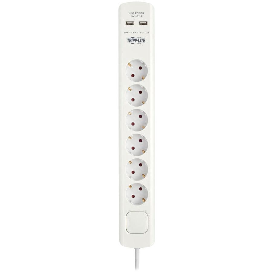 Tripp Lite Tlp6G18Usb 6-Outlet Surge Protector With Usb Charging - German Type F Schuko Outlets, 220-250V, 16A, Schuko Plug, White