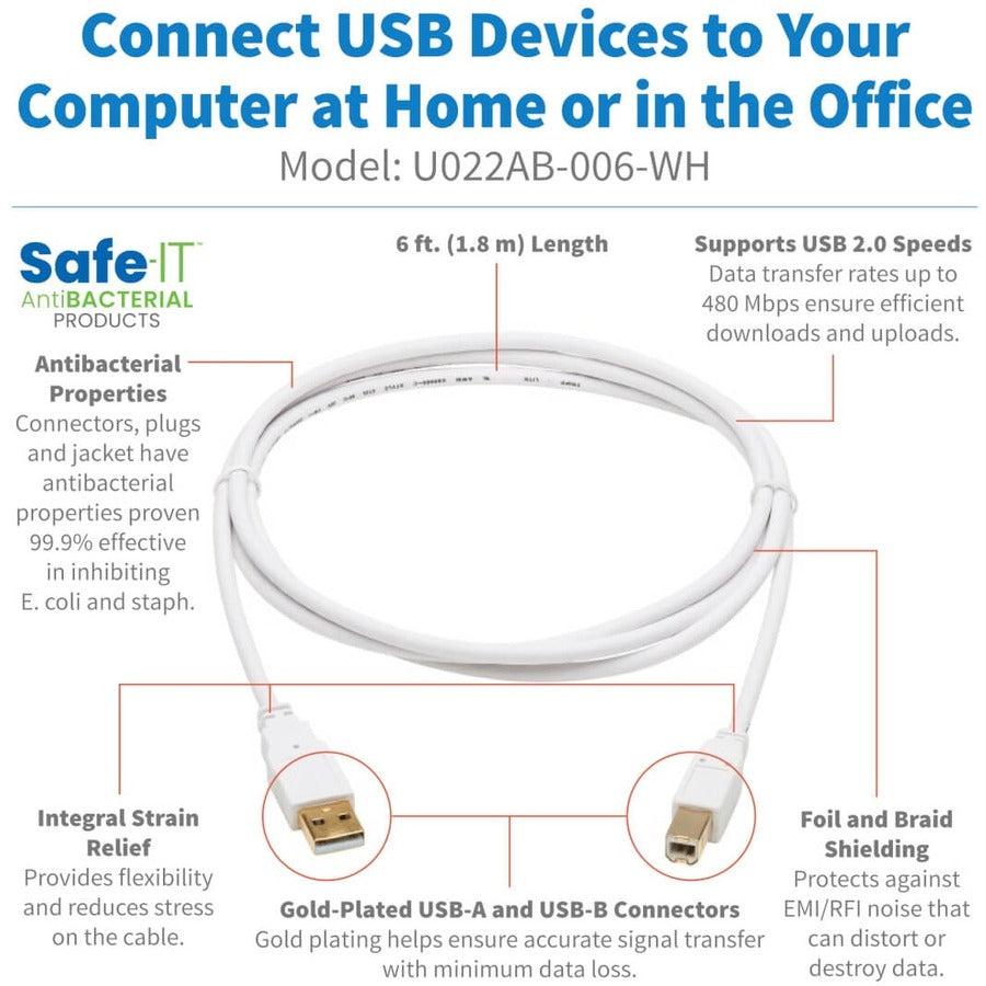 Tripp Lite U022Ab-006-Wh Safe-It Usb-A To Usb-B Antibacterial Cable (M/M), Usb 2.0, White, 6-Ft. (1.83 M)