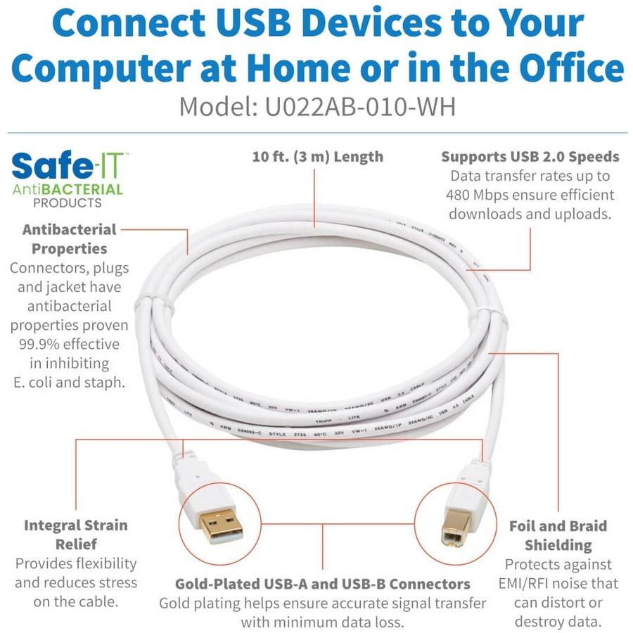 Tripp Lite U022Ab-010-Wh Safe-It Usb-A To Usb-B Antibacterial Cable (M/M), Usb 2.0, White, 10-Ft. (3.05 M)
