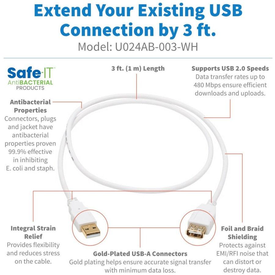 Tripp Lite U024Ab-003-Wh Safe-It Usb-A Antibacterial Extension Cable (M/F), Usb 2.0, White, 3 Ft. (0.91 M)