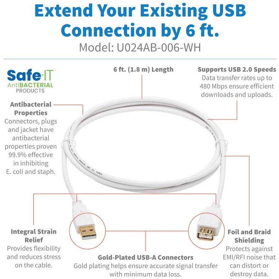Tripp Lite U024Ab-006-Wh Safe-It Usb-A Antibacterial Extension Cable (M/F), Usb 2.0, White, 6 Ft. (1.83 M)