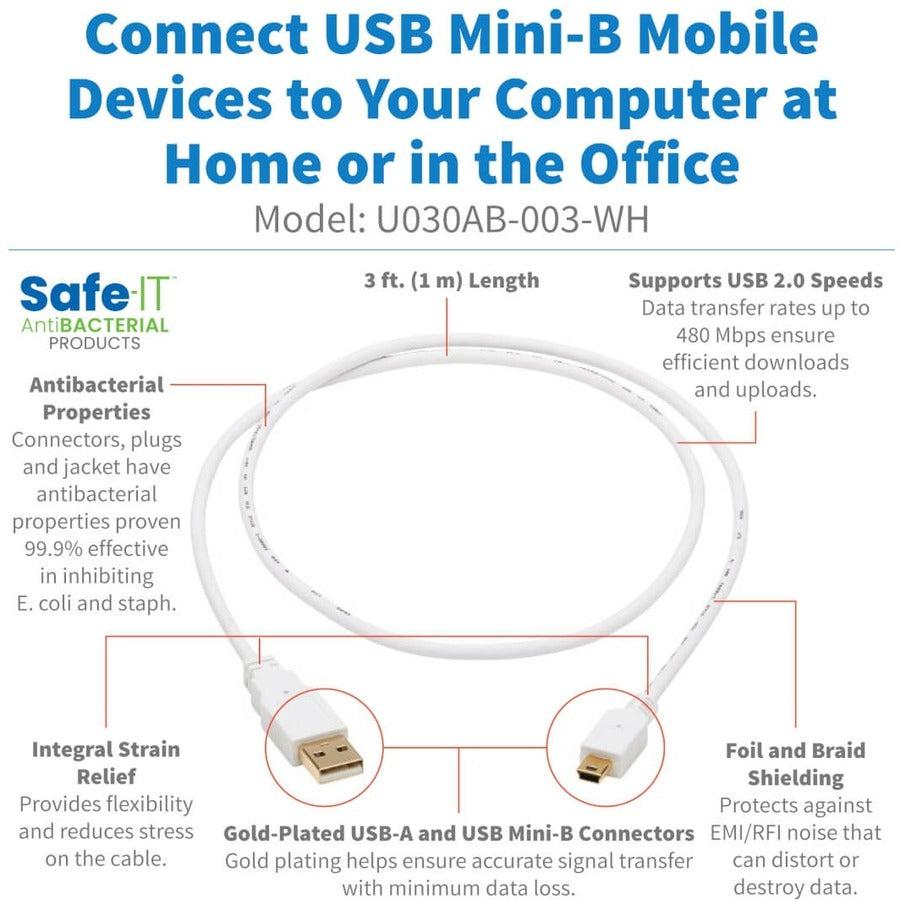Tripp Lite U030Ab-003-Wh Safe-It Usb-A To Usb Mini-B Antibacterial Cable (M/M), Usb 2.0, White, 3-Ft. (0.91 M)