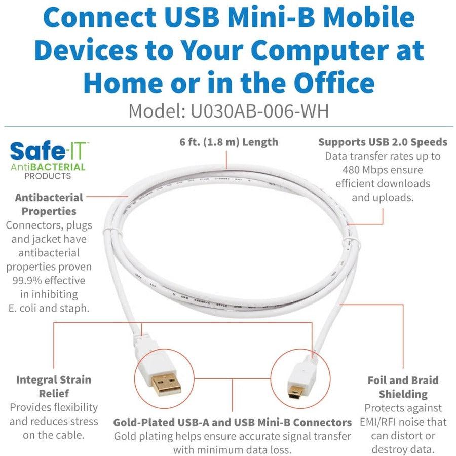 Tripp Lite U030Ab-006-Wh Safe-It Usb-A To Usb Mini-B Antibacterial Cable (M/M), Usb 2.0, White, 6-Ft. (1.83 M)
