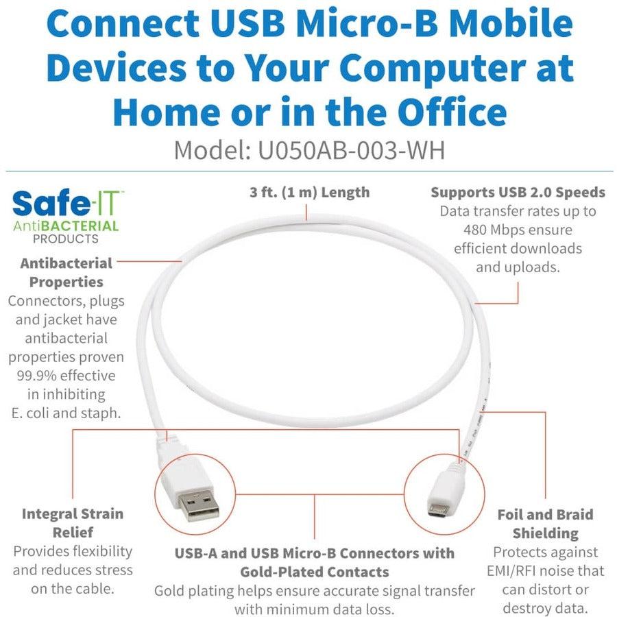 Tripp Lite U050Ab-003-Wh Safe-It Usb-A To Usb Micro-B Antibacterial Cable (M/M), Usb 2.0, White, 3-Ft. (0.91 M)
