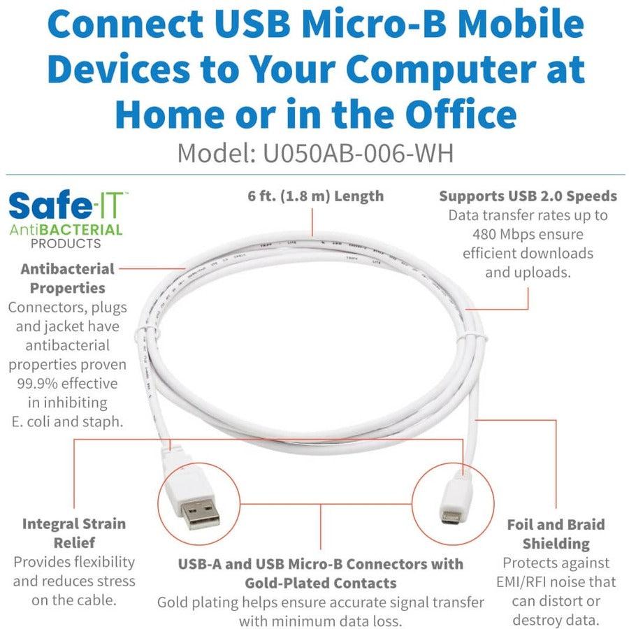 Tripp Lite U050Ab-006-Wh Safe-It Usb-A To Usb Micro-B Antibacterial Cable (M/M), Usb 2.0, White, 6-Ft. (1.83 M)