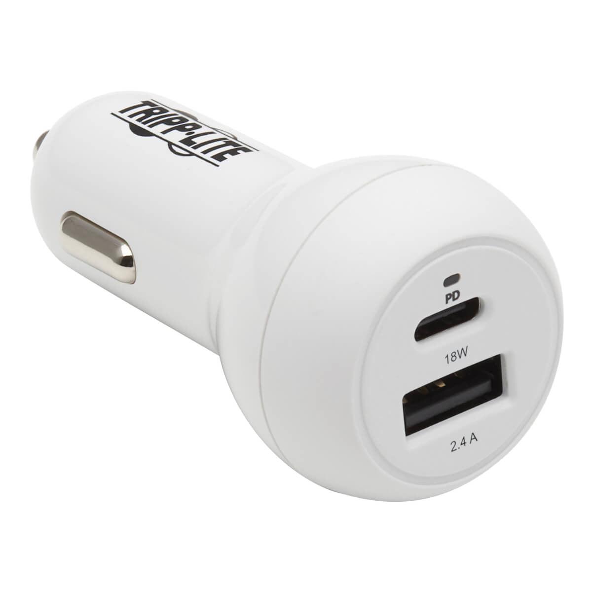 Tripp Lite U280-C02-30W-K Dual-Port Usb Car Charger - 30W Pd Charging, Usb-C (18W) & Usb-A (12W), Usb-C To Lightning Cable, White