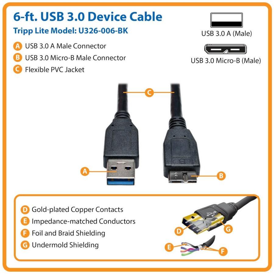 Tripp Lite U326-006-Bk Usb 3.0 Superspeed Device Cable (A To Micro-B M/M) Black, 6 Ft. (1.83 M)