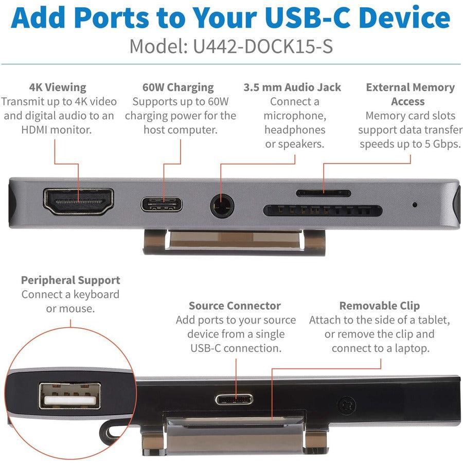 Tripp Lite U442-Dock15-S Usb-C Dock With Removable Clip - For Laptops And Tablets, 4K Hdmi, Usb-A Hub, 60W Pd Charging