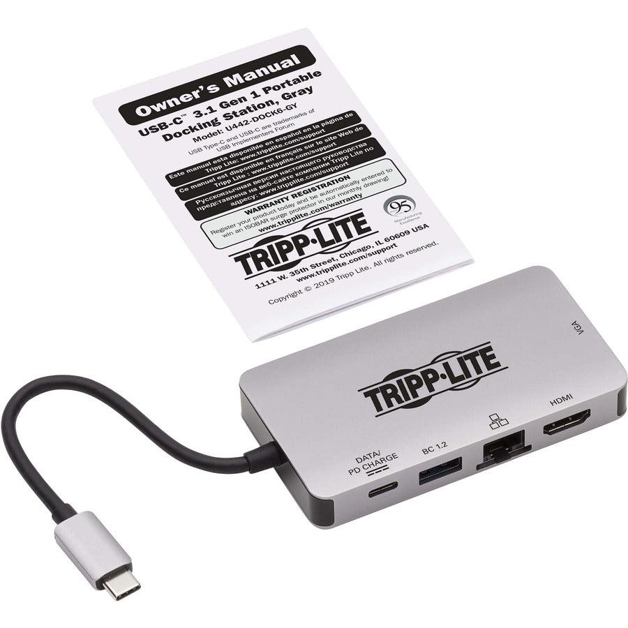Tripp Lite U442-Dock6-Gy Usb-C Dock, Dual Display - 4K Hdmi, Vga, Usb 3.2 Gen 1, Usb-A/C Hub, Gbe, 100W Pd Charging